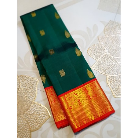 2G Pure Kanjivaram Silk Saree Bottle Green with Chilly Red Border & Peacock Butta | Prahla Silks