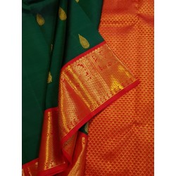 2G Pure Kanjivaram Silk Saree Bottle Green with Chilly Red Border & Peacock Butta | Prahla Silks