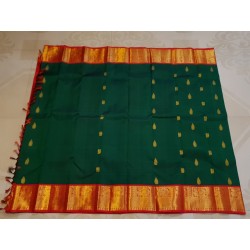 2G Pure Kanjivaram Silk Saree Bottle Green with Chilly Red Border & Peacock Butta | Prahla Silks