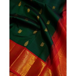 2G Pure Kanjivaram Silk Saree Bottle Green with Chilly Red Border & Peacock Butta | Prahla Silks