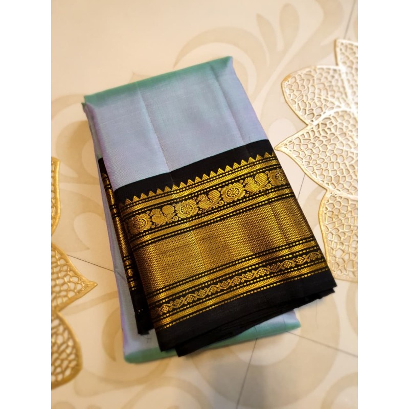 2G Kanjivaram Silk Saree in Pastel Lavender with Black, Gold Zari & Peacock Border | Prahla Silks