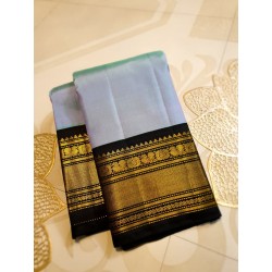 2G Kanjivaram Silk Saree in Pastel Lavender with Black, Gold Zari & Peacock Border | Prahla Silks