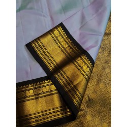 2G Kanjivaram Silk Saree in Pastel Lavender with Black, Gold Zari & Peacock Border | Prahla Silks
