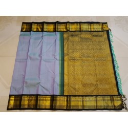 2G Kanjivaram Silk Saree in Pastel Lavender with Black, Gold Zari & Peacock Border | Prahla Silks