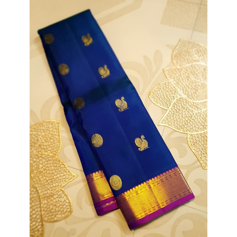 2G Pure Kanjivaram Silk Saree Royal Blue with Rani Pink Border & Gold Peacock Buttas | Prahla Silks