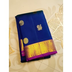 2G Pure Kanjivaram Silk Saree Royal Blue with Rani Pink Border & Gold Peacock Buttas | Prahla Silks