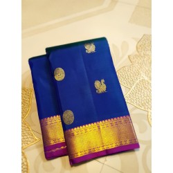 2G Pure Kanjivaram Silk Saree Royal Blue with Rani Pink Border & Gold Peacock Buttas | Prahla Silks
