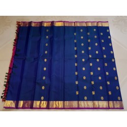 2G Pure Kanjivaram Silk Saree Royal Blue with Rani Pink Border & Gold Peacock Buttas | Prahla Silks