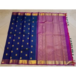 2G Pure Kanjivaram Silk Saree Royal Blue with Rani Pink Border & Gold Peacock Buttas | Prahla Silks