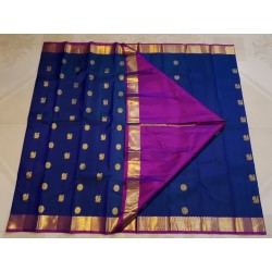 2G Pure Kanjivaram Silk Saree Royal Blue with Rani Pink Border & Gold Peacock Buttas | Prahla Silks