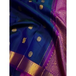 2G Pure Kanjivaram Silk Saree Royal Blue with Rani Pink Border & Gold Peacock Buttas | Prahla Silks