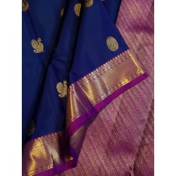 2G Pure Kanjivaram Silk Saree Royal Blue with Rani Pink Border & Gold Peacock Buttas | Prahla Silks