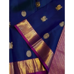 2G Pure Kanjivaram Silk Saree Royal Blue with Rani Pink Border & Gold Peacock Buttas | Prahla Silks