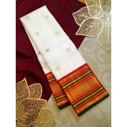 2G Pure Kanjivaram Silk Saree – Off White with Red & Green Korvai Border and Peacock Zari Design | Prahla Silks