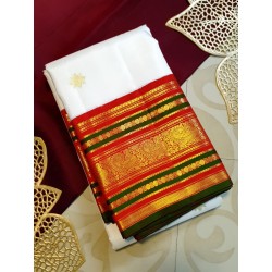 2G Pure Kanjivaram Silk Saree – Off White with Red & Green Korvai Border and Peacock Zari Design | Prahla Silks