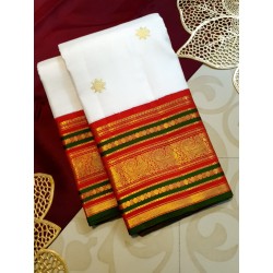 2G Pure Kanjivaram Silk Saree – Off White with Red & Green Korvai Border and Peacock Zari Design | Prahla Silks