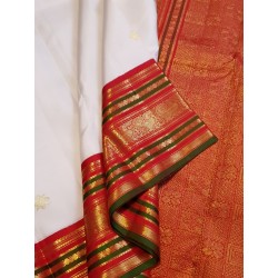 2G Pure Kanjivaram Silk Saree – Off White with Red & Green Korvai Border and Peacock Zari Design | Prahla Silks