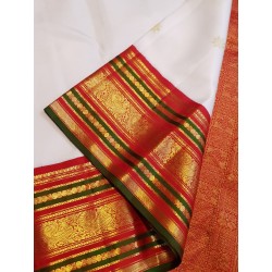 2G Pure Kanjivaram Silk Saree – Off White with Red & Green Korvai Border and Peacock Zari Design | Prahla Silks