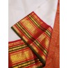 2G Pure Kanjivaram Silk Saree – Off White with Red & Green Korvai Border and Peacock Zari Design | Prahla Silks