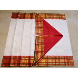 2G Pure Kanjivaram Silk Saree – Off White with Red & Green Korvai Border and Peacock Zari Design | Prahla Silks