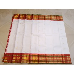 2G Pure Kanjivaram Silk Saree – Off White with Red & Green Korvai Border and Peacock Zari Design | Prahla Silks