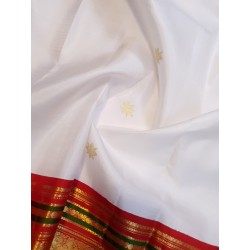 2G Pure Kanjivaram Silk Saree – Off White with Red & Green Korvai Border and Peacock Zari Design | Prahla Silks