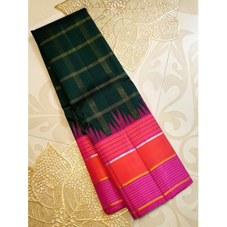 2G Pure Kanjivaram Silk Saree – Korvai Green with Rose Pink Border & Green Zari Checks | Prahla Silks