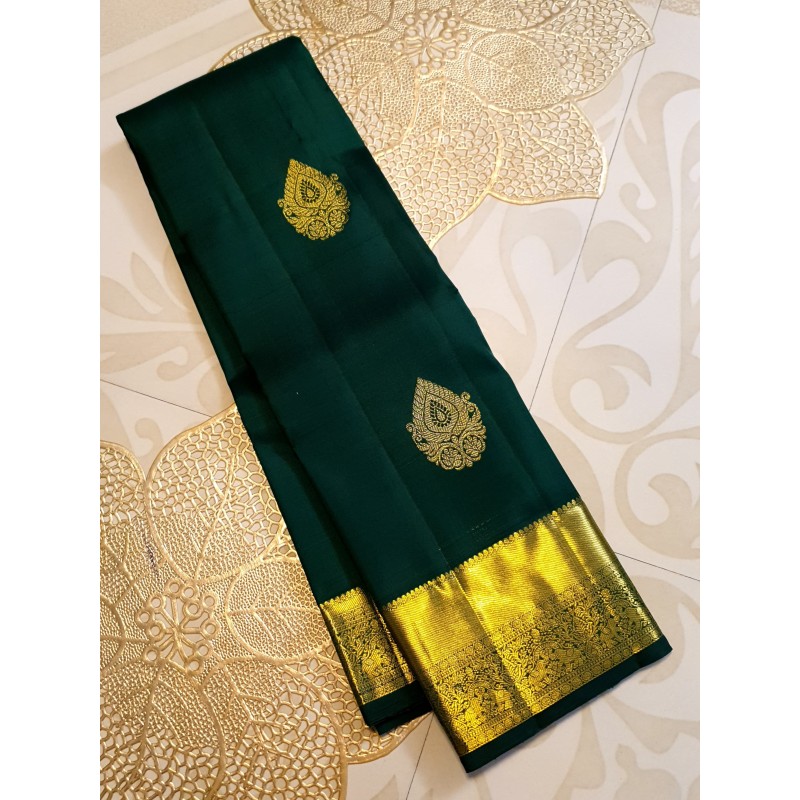 2G Pure Kanjivaram Silk Saree in Green with Gold Zari | Prahla Silks