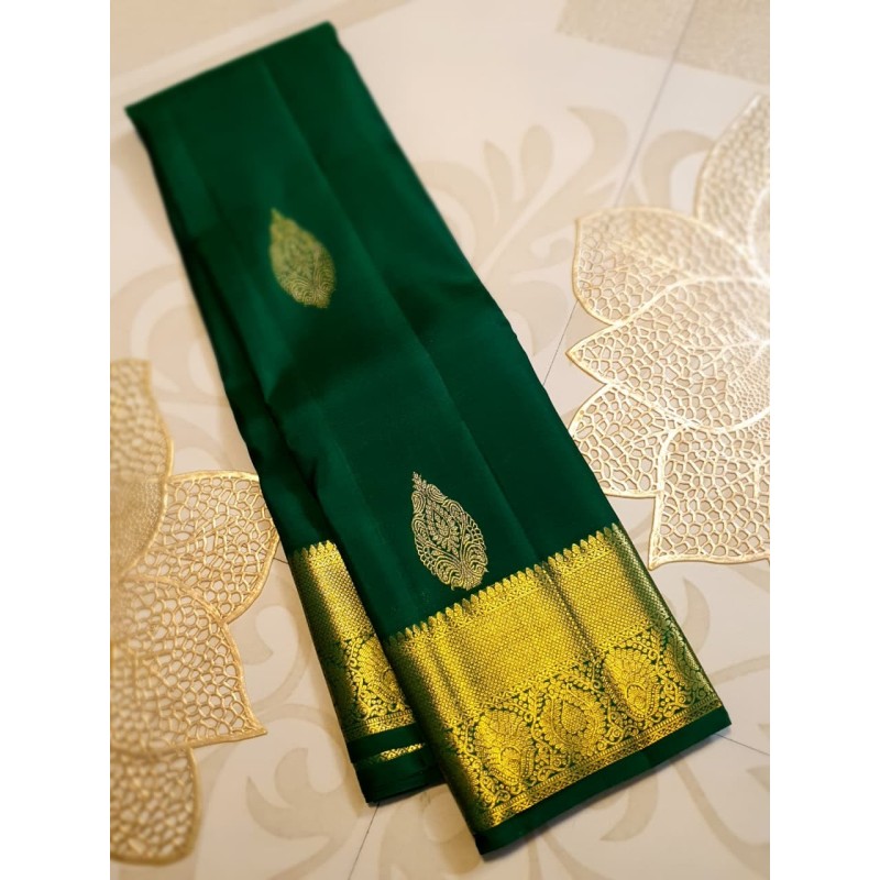 2G Pure Kanjivaram Silk Saree Bottle Green with Gold Zari Border & Buttas | Prahla Silks