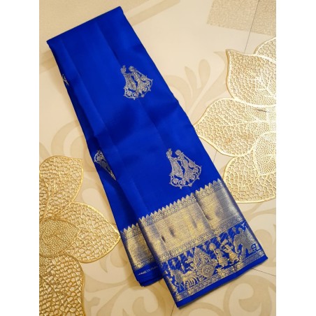 2G Pure Kanjivaram Silk Saree – Royal Blue with Traditional Pallakku Gold Zari Border | Prahla Silks