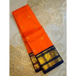 2G Pure Kanjivaram Silk Saree Orange Blue Peacock Border | Prahla Silks