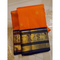 2G Pure Kanjivaram Silk Saree Orange Blue Peacock Border | Prahla Silks