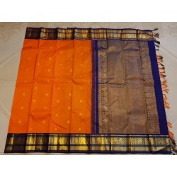 2G Pure Kanjivaram Silk Saree Orange Blue Peacock Border | Prahla Silks