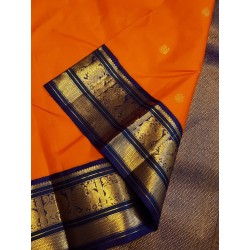 2G Pure Kanjivaram Silk Saree Orange Blue Peacock Border | Prahla Silks
