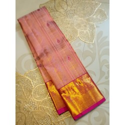 2G Pure Kanjivaram Silk Saree Peach Pink with Peacock Zari Border & Gold Pallu | Prahla Silks