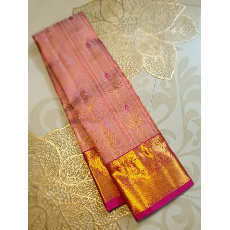 2G Pure Kanjivaram Silk Saree Peach Pink with Peacock Zari Border & Gold Pallu | Prahla Silks