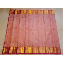 2G Pure Kanjivaram Silk Saree Peach Pink with Peacock Zari Border & Gold Pallu | Prahla Silks