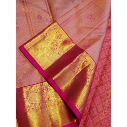 2G Pure Kanjivaram Silk Saree Peach Pink with Peacock Zari Border & Gold Pallu | Prahla Silks