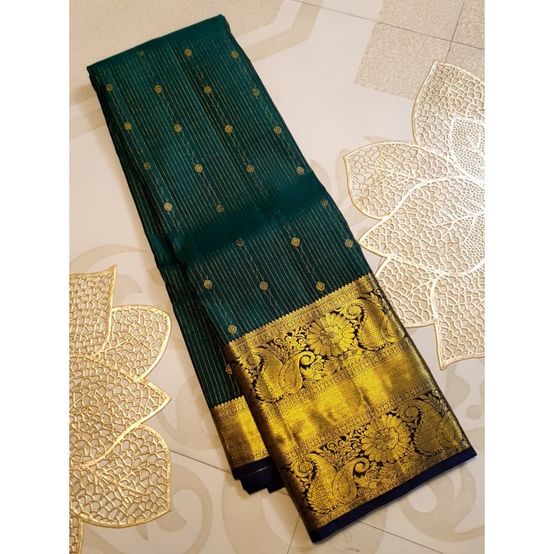2G Pure Kanjivaram Silk Saree Bottle Green with Gold Zari Mango Border | Prahla Silks