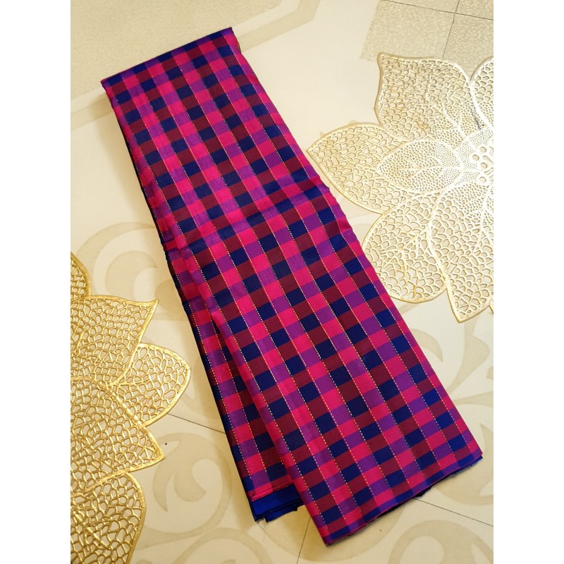 2G Pure Kanjivaram Silk Saree Rani Pink with Royal Blue Checks and Gold Zari | Prahla Silks