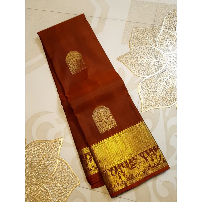 2G Pure Kanjivaram Silk Saree Rust Brown with Traditional Gold Zari Pallakku Border | Prahla Silks