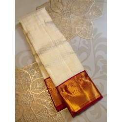2G Pure Kanjivaram Silk Saree Off White with Chilli Red Peacock Gold Zari Border | Prahla Silks