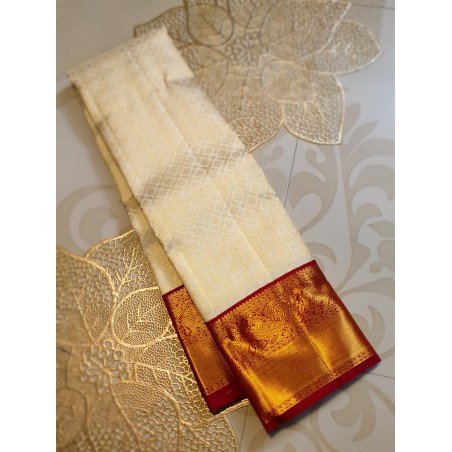 2G Pure Kanjivaram Silk Saree Off White with Chilli Red Peacock Gold Zari Border | Prahla Silks