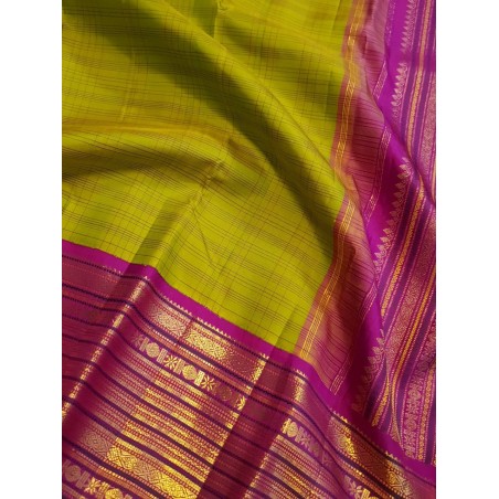 2G Pure Kanjivaram Silk Saree Lime Yellow with Magenta Pink Zari Border | Prahla Silks