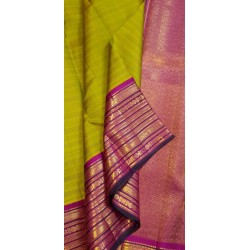 2G Pure Kanjivaram Silk Saree Lime Yellow with Magenta Pink Zari Border | Prahla Silks