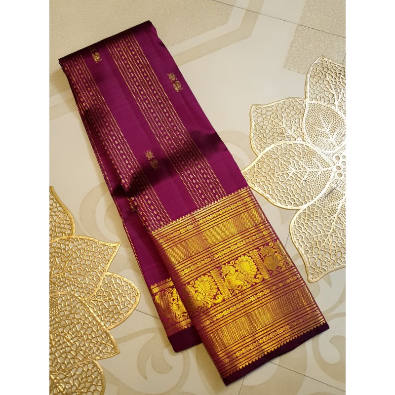 2G Pure Kanjivaram Silk Saree Royal Wine Purple with Rich Gold Zari Weaving | Prahla Silks