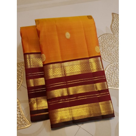 2G Pure Kanjivaram Silk Saree Mustard Yellow with Maroon Gold Zari Border | Traditional Wedding Pattu Saree | Prahla Silks