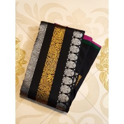 2G Pure Kanjivaram Silk Saree Jet Black with Dual Gold & Silver Zari | Prahla Silks