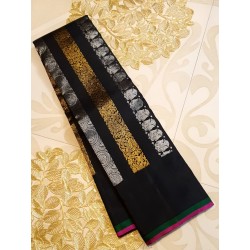 2G Pure Kanjivaram Silk Saree Jet Black with Dual Gold & Silver Zari | Prahla Silks