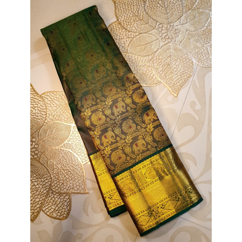 2G Pure Kanjivaram Silk Saree Deep Olive Green with Elephant & Peacock Zari Motifs and Antique Gold Zari Border | Prahla Silks